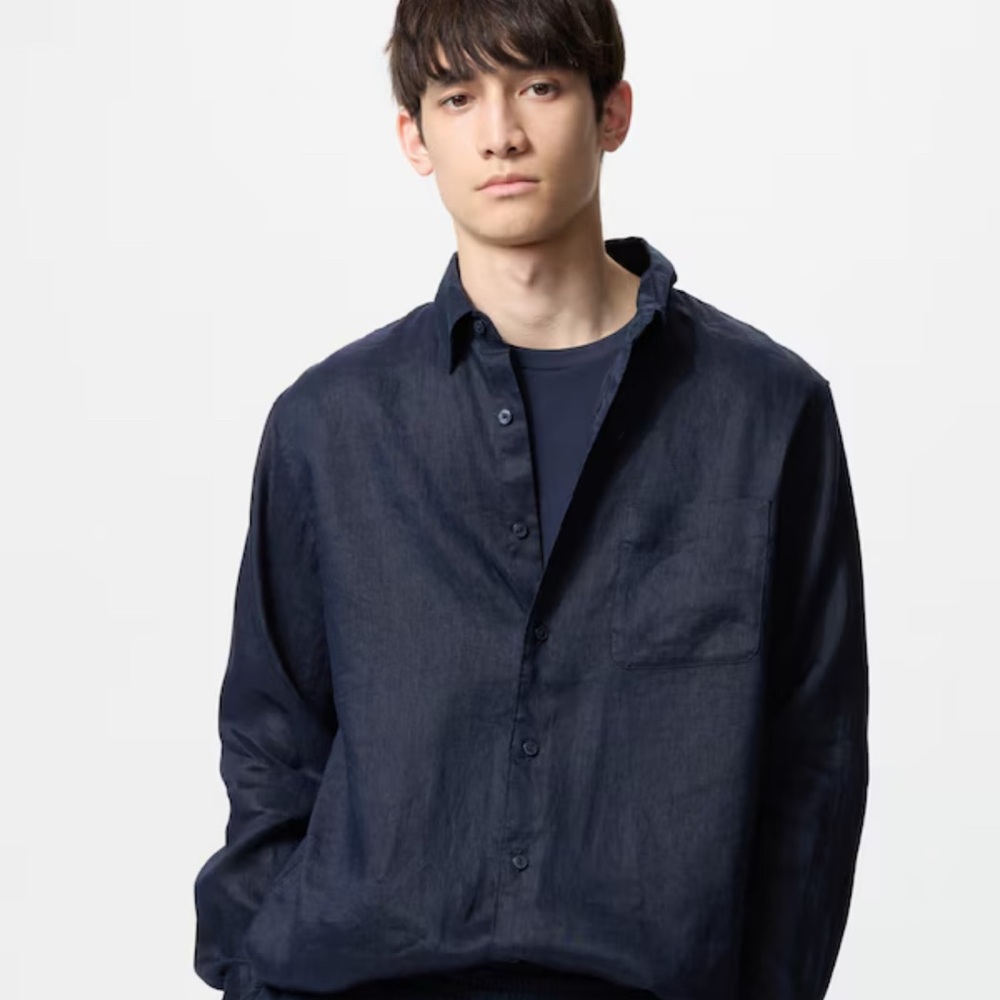 NWT Uniqlo Navy Premium Linen Long Sleeve Shirt, Navy, 2XL